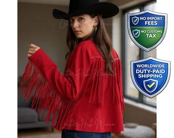 Rote Wildleder Fransen Lederjacke, Handgefertigte Western Cowgirl Mantel
