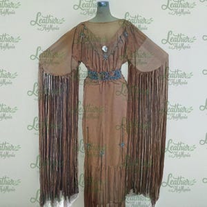 Women&#39;s Native Handmade Wedding Dress, Long Suede Leather Powwow Regalia Leather Maxi, Native Style Coat Dress, Leather Maxi Dress