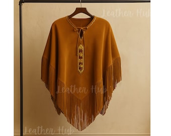 Boho Fringe Suede Poncho, Beaded Western Cowgirl Cape