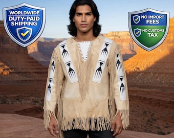Handgefertigtes Wildleder-Lederfransen-Kriegshemd | Geborenes Berg Perlenhemd | Männer Tribal Powwow-Regalia Cowboy Wear