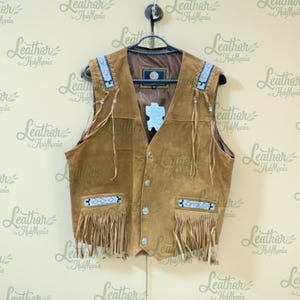 Men Western Cowboy Style Suede Leather Vest with Fringes, Handmade Men’s Suede Leather Vest, Traditional Vintage Western Beaded Vest