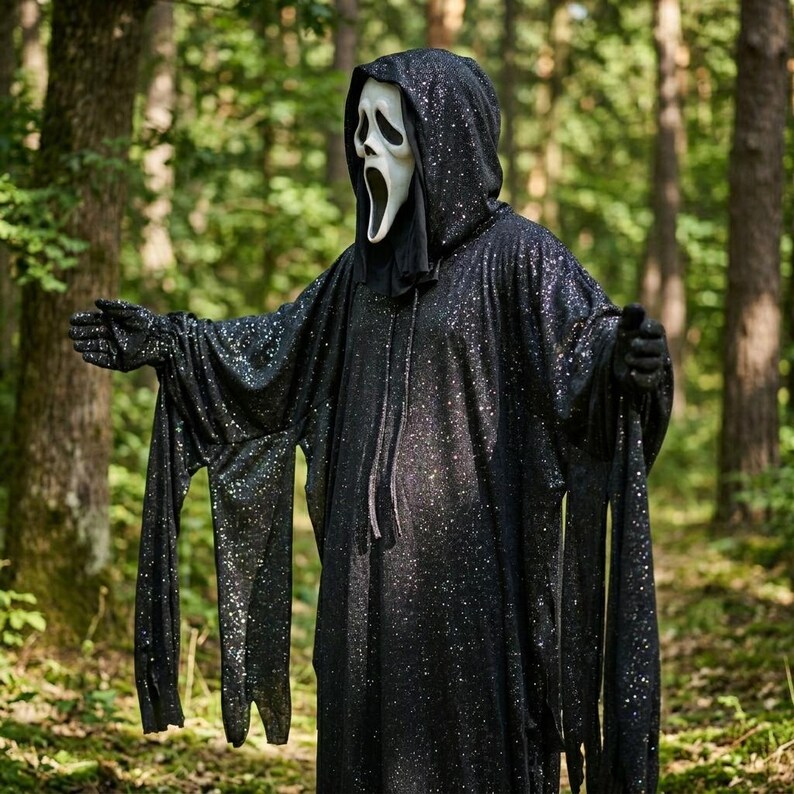 Black Sparkle Scary Ghost Costume | Phantom Hooded Robe, Horror Mask ...