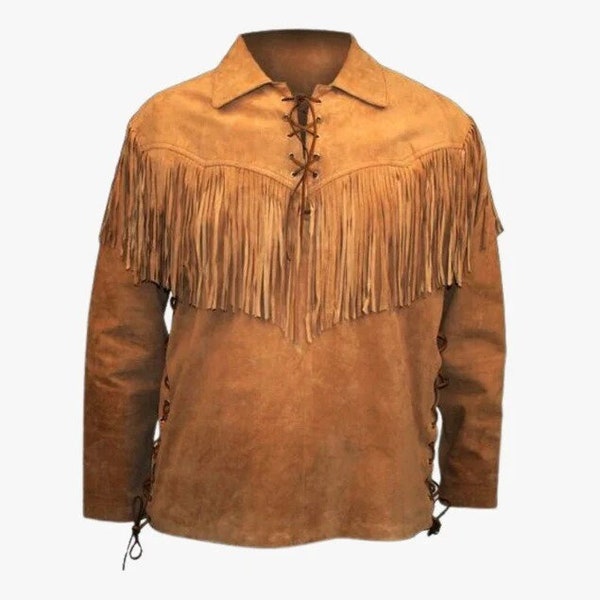 Heren Western Suede Leather Shirt met franjes, Cowboy Handgemaakt Suede Leather Shirt, Koeienhuid Geregen Suede Leather Shirt