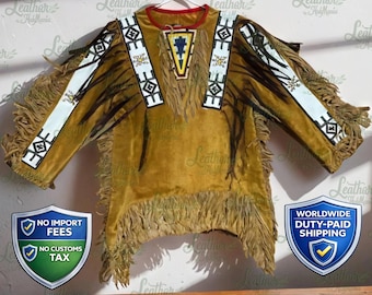 Herren Sioux Wildleder Kriegshemd | Indianerjacke mit Fransen | Westliche Tribalkleidung