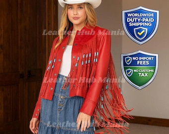 Rote Leder Western Jacke mit Fransen | Perlen Cowgirl Reitmantel