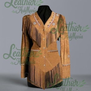 Women&#39;s Western Suede Leather Jacket with Fringes, Native-Inspired Beaded Coat, Vintage Western Style Fringed Jacket for Women, Suede Jacket