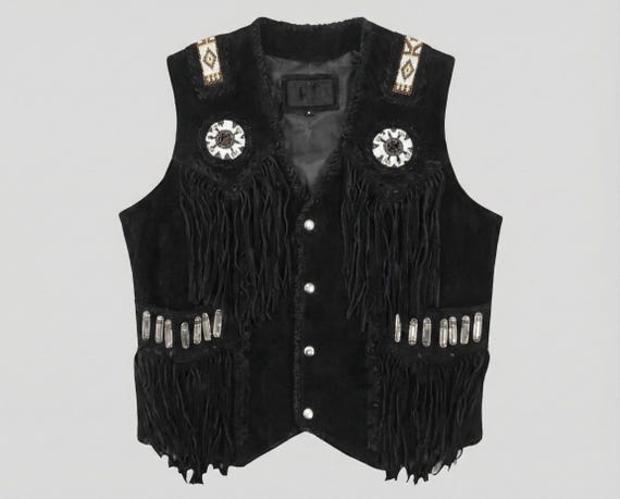 Men Western Suede Leather Vest With Fringes | Black Cowboy Style Beaded Waistcoat