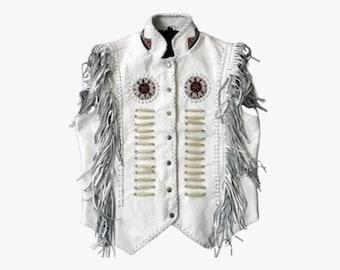 Handmade Beaded Leather Vest With Fringes, Men Western Cowboy Style Fringes Vest, Genuine Leather Stylish Beaded Vest