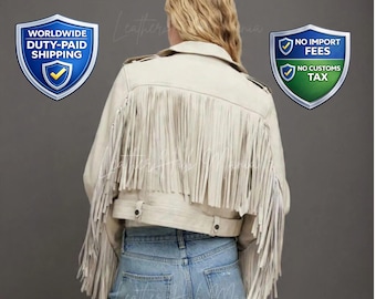 Damen Beige Leder Fransenjacke, Western Cowgirl Biker Style
