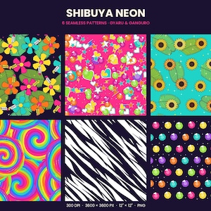 May include: A digital collection titled SHIBUYA NEON 6 SEAMLESS PATTERNS - GYARU & GANGURO featuring six distinct designs: tropical flowers on black, colorful hearts and stars on pink, sunflowers on teal, rainbow swirls, black and white zebra stripes, and multicolored gems on black.