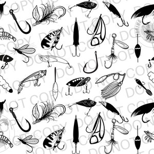 Fishing Pattern SVG, PNG Graphic Digital Download Fishermen Lures, Hooks, Spinners, Fly Fish, Angler Fishing Style Black Transparent Files