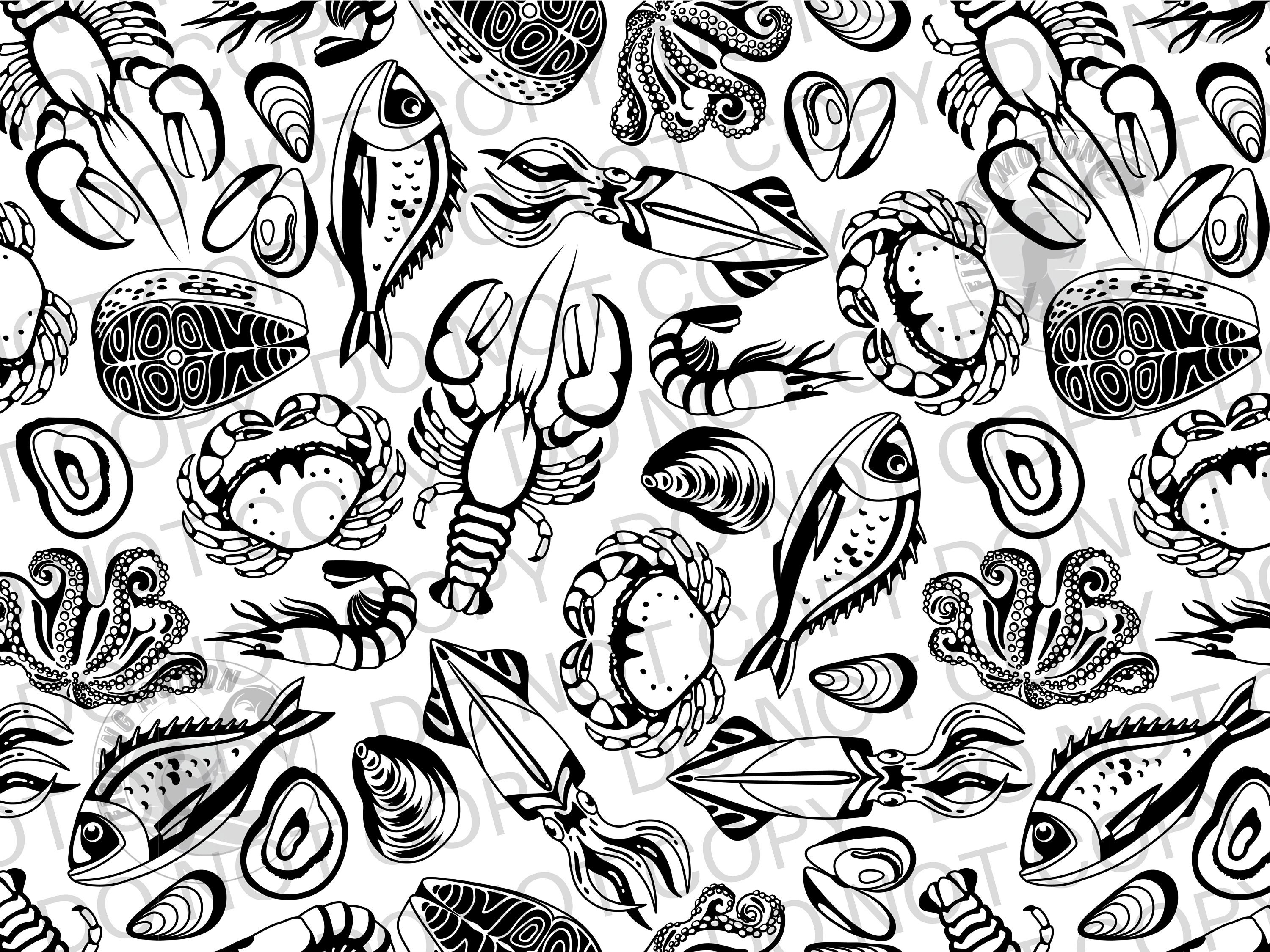 Zeevis, Krab Kreeft Patroon SVG, PNG, PDF Grafische Digitale Download Vissers Zoutwatervis, Visser Visserijstijl Zwart Transparant Png