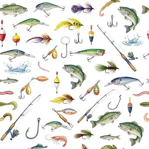 Peut inclure: Illustration à l'aquarelle d'articles de pêche et de poissons sur fond blanc. L'image présente divers leurres, hameçons, flotteurs, cannes à pêche et poissons, créant un motif continu. La palette de couleurs comprend des verts, des bleus, des jaunes et des bruns.