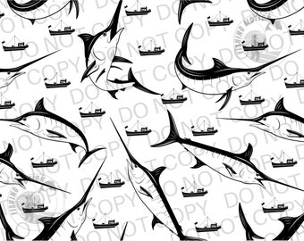 May include: A black and white seamless pattern featuring a repeating design of marlin fish and small fishing boats. The marlin fish are facing right and have a long, pointed bill. The boats are small and have a sail.