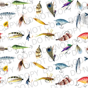 May include: A seamless pattern of various fishing lures, including a variety of flies, spinners, and crankbaits. The lures are depicted in a watercolor style and feature a variety of colors, including red, yellow, green, blue, and black.