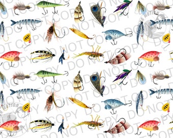 May include: A seamless pattern of various fishing lures, including a variety of flies, spinners, and crankbaits. The lures are depicted in a watercolor style and feature a variety of colors, including red, yellow, green, blue, and black.