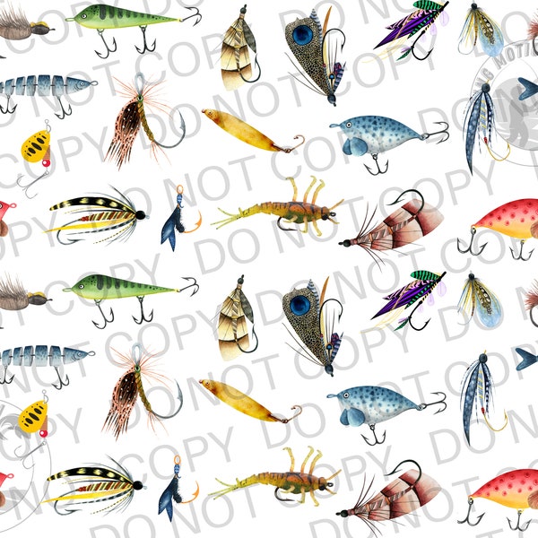 Fishing Pattern Water Colors Lures Flys  PNG Graphic Digital Download Fishermen Lures Hooks Spinners Fly Fish Angler Fishing Transparent