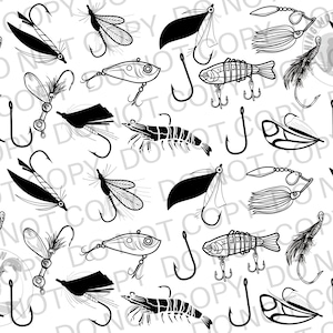 Fishing Pattern SVG, PNG Graphic Digital Download Fishermen Lures, Hooks, Spinners, Fly Fish, Angler Fishing Style Black Transparent Png