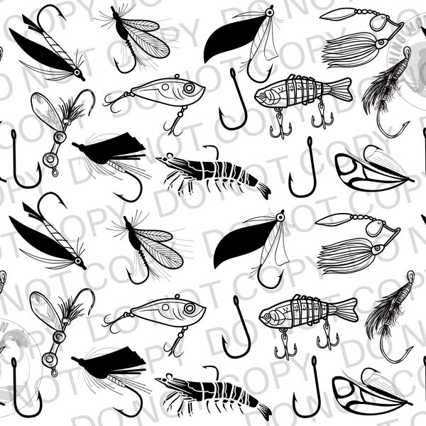 Fishing Pattern SVG, PNG Graphic Digital Download Fishermen Lures, Hooks, Spinners, Fly Fish, Angler Fishing Style Black Transparent Png