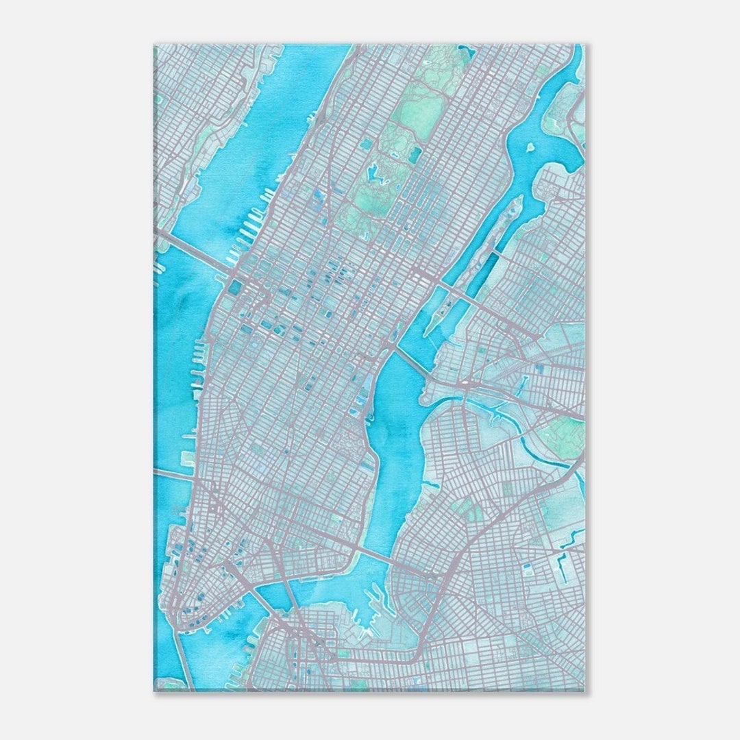 New York City Watercolor Map Art - Watercolor NYC Art Map Canvas, NY ...