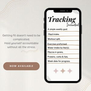 Könnte beinhalten: Ein Smartphone-Bildschirm zeigt eine Fitness-Tracker-App mit dem Text "Tracking inklusive". Die App listet Funktionen wie ein einfaches wöchentliches Ziel, die Nahrungsaufnahme, die Aufteilung des Trainings, die durchgeführten Übungen, die Wasseraufnahme, Makros, Proteine, Kohlenhydrate und Fette sowie das Wochen-Datum für den Fortschritt auf. Der Text "Fit werden muss nicht kompliziert sein. Machen Sie sich selbst verantwortlich, ohne den ganzen Stress." wird unter dem Telefon angezeigt.