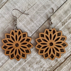 Floral Mandala Wood Earrings, Mandala Earrings, Gift For Her, Wood Dangle Earrings, Lightweight Earrings, Birthday Gift, Laser Cut Wood