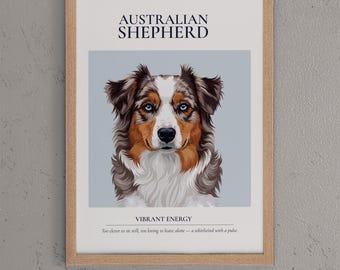 Australian Shepherd Wall Art Print | Dog Lover Gift | Pet Portrait Poster | Home Decor | Animal Wall Art, Dog Breed Illustration,