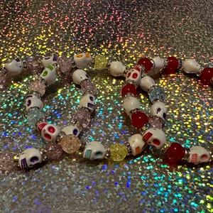 Handmade Pretty Scary Sparkle Halloween Skull Beaded Stretch Bracelet, Goth Skull Friendship Bracelet