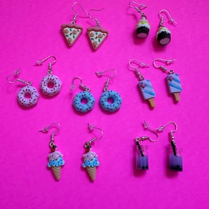 Handmade Novelty Food Dangling Earrings, Cupcake, Donuts, Pizza, Bubble Tea, Ice Cream Cone Earrings, Sold in Bulk, 7 Pairs of Earrings