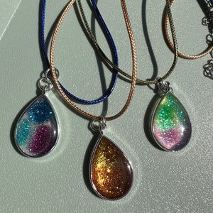 Handmade Silver-Toned Resin Pendant with Colorful Glitter, Adjustable Waxed Cord included, Pink, Green, Blue, Gold, Bronze Glitter Necklace