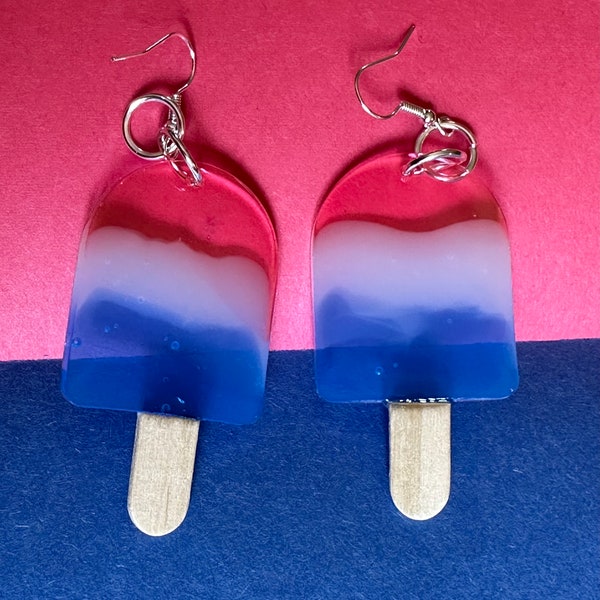 Handmade Rocket Pop Resin Earrings, Novelty Red, White, and Blue Resin Pops Earrings; Summer Popsicle Earrings