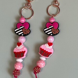 Handmade Pink Heart and Pink Cupcake Keychain - Pink Beaded Valentine’s Day Keychain
