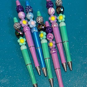Handmade Flower Sparkling Beaded Pen - 3 Options - Blue Pen, Green Pen, Purple Pen - Beadable Pens