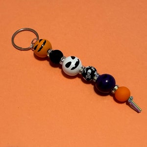 Adorable Handmade Halloween Keychain with Orange, Black, Jack O&#39; Lantern, Purple, and White Beads