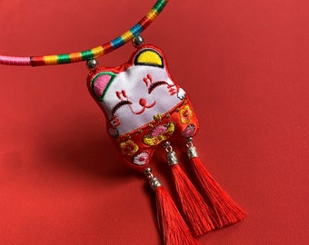 Handmade double-sided  embroidery lucky cat sachet amulet collar