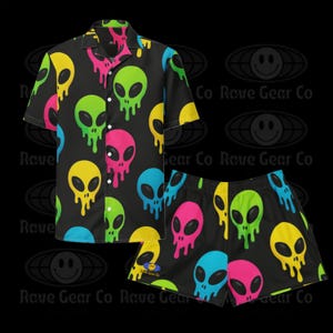 Drippy Space Alien Trip Mens Shirt and Shorts Matching Outfit Combo Set Rave Festival EDM Set