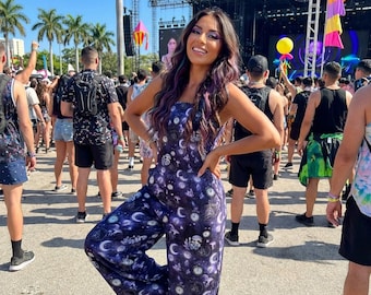 Celestial Moon Mushroom Festival Jumpsuit | Rave Outfit Women | Witchy EDM Outfit | Electric Forest | Burning Man | Nocturnal Wonderland