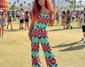 Rainbow Sacred Heart Eye Wide Leg Lightweight Jumpsuit | Festival Rave Outfit Women | EDM Overalls Clothing | Electric Forest | Burning Man