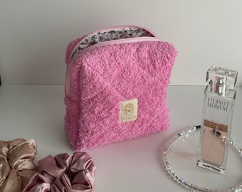 Makeup Bag, Pink Terry Makeup Bag, Cosmetic Bag,Terry Makeup Bag, Travel Bag, Pink Cosmetic Pouch, Quilted Cotton Cosmetic Bag, Toiletry Bag