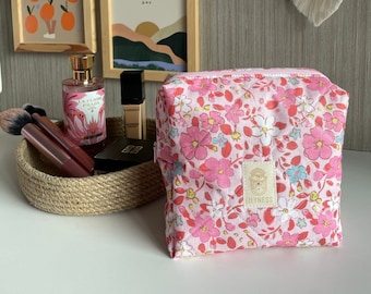 Floral Makeup Bag, Quilted Cotton Cosmetic Bag,Toiletry Bag Women, Travel Bag, Pink Floral Makeup Bag, Cute Makeup Bag, Pink Cosmetic Bag
