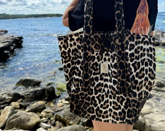 Handmade Leopard Print Canvas Tote Bag: Large Reusable Shoulder Bag