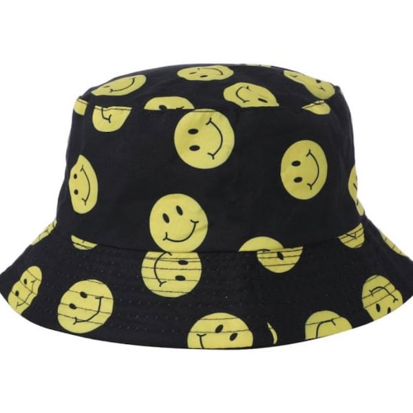 Smiley Face Bucket Hat | Festival Bucket Hat | Summer Hat | Fishing Hat | Rave Hat in Black and Yellow