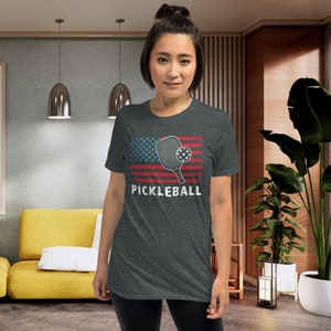 Pickleball Short-Sleeve Women's T-Shirt, American Flag T-Shirt Gift For Women, Pickleball Lover Shirt With American Flag, Pickleball Paddle