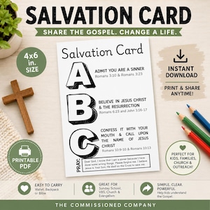 May include: A white 4x6 inch Salvation Card featuring black text and graphics. The card displays the letters A, B, and C with corresponding Bible verses and a prayer. It includes text about instant downloads, printing, and sharing the gospel message.