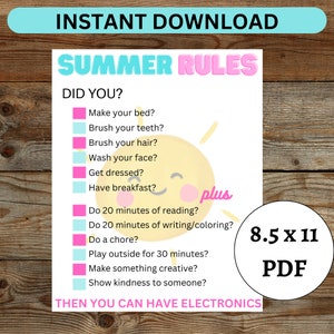 Printable Summer Rules Checklist | Fun & Easy Summer Rules for Kids | Printable PDF | Instant Download