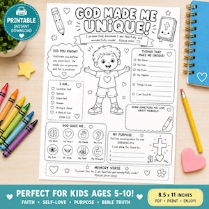 Può includere: Un foglio di attività stampabile in bianco e nero intitolato GOD MADE ME UNIQUE! con un'illustrazione centrale di un bambino, varie sezioni da compilare, caselle di controllo e testi religiosi tra cui Salmo 139:14 e Geremia 29:11.