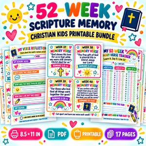 May include: A 52-week scripture memory printable bundle for kids featuring colorful graphics of suns, hearts, rainbows, and bibles. The pages include verse reflection sheets, memory verse cards for weeks 37-40, and a 52-week verse tracker.