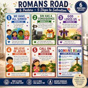 Romans Road-affischer för barn, kristen dekoration med 5 steg i frälsningen (6 PDF-sidor)