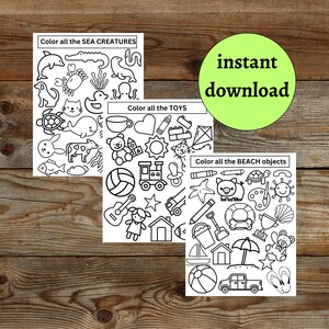 Może przedstawiać: Trzy czarno-białe strony do kolorowania do wydrukowania z różnymi obrazkami. Pierwsza strona przedstawia stworzenia morskie, druga strona przedstawia zabawki, a trzecia strona przedstawia przedmioty plażowe. Tekst "Color all the SEA CREATURES", "Color all the TOYS" i "Color all the BEACH objects" jest umieszczony na każdej stronie.