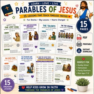 May include: A digital educational resource titled Learn Love Live Parables of Jesus featuring 15 printable pages. The layout includes illustrated lesson sheets with stories, big lessons, and discussion questions for children, plus PDF and download icons.